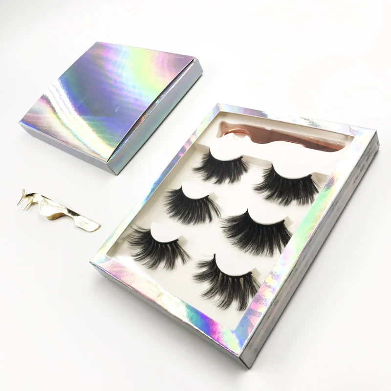 

FDshine holographic lash packaging with tweezers 3 pairs eyelashes 30mm faux mink, Black