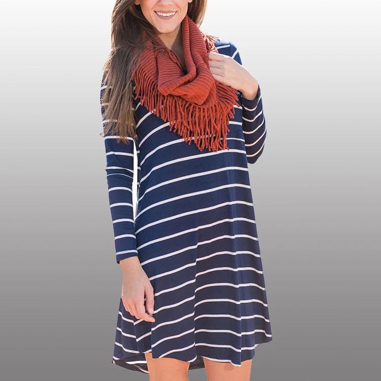 

Long Sleeve Autumn Mexican Stripe T Shirt Dress With Pocket, 4 colors