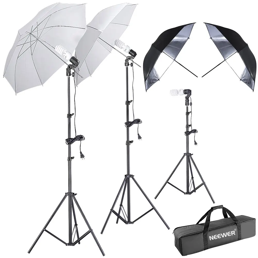 Neewer 600W 5500K Umbrella and Stand Kit Includes: (2)White and (2)Black/Silver Umbrella, (2)6 feet and(1)1.6 feet Light Stand, (3)45W Bulb, (3)Light Holder and (1)Carry Case for Studio Photography