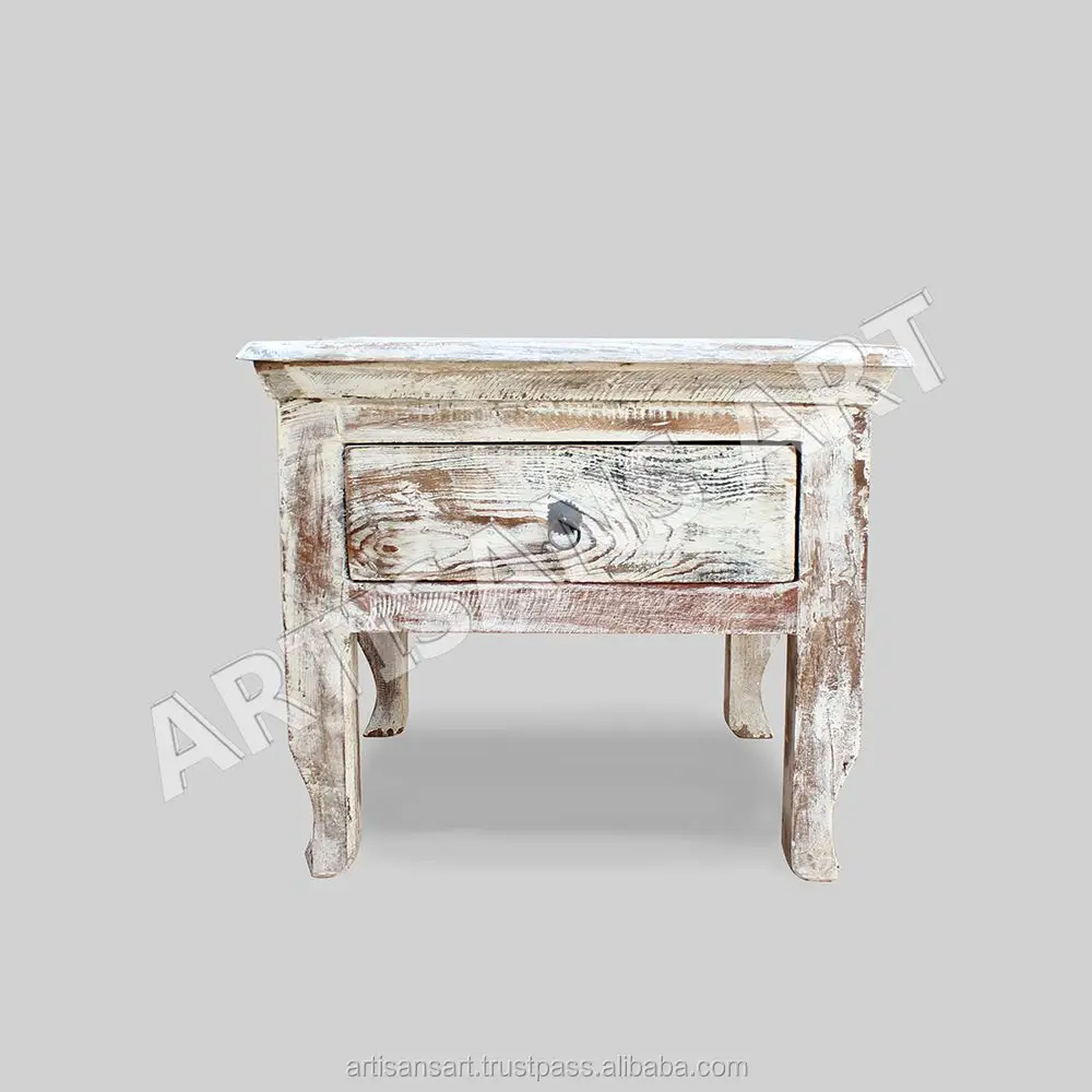 Whitewashed Reclaimed 1 Drawers Coffee Table Hand Finished Antique White Washed Distressed Wooden Indian Furniture