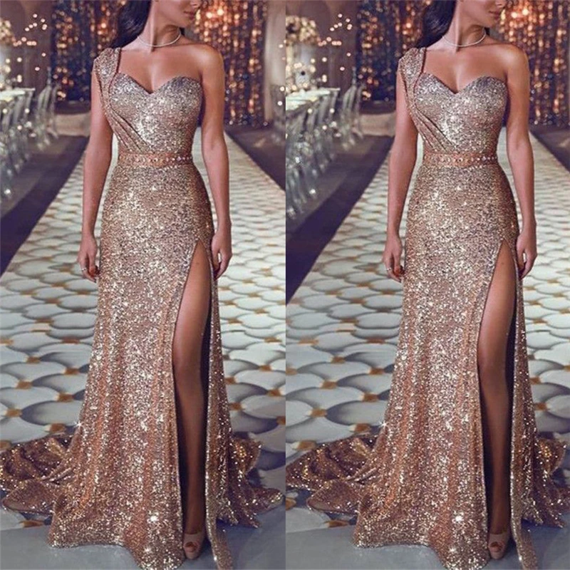 Women sexy golden one shoulder gold stamp sequins split sleeveless evening dress