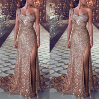 

Women sexy golden one shoulder gold stamp sequins split sleeveless evening dress
