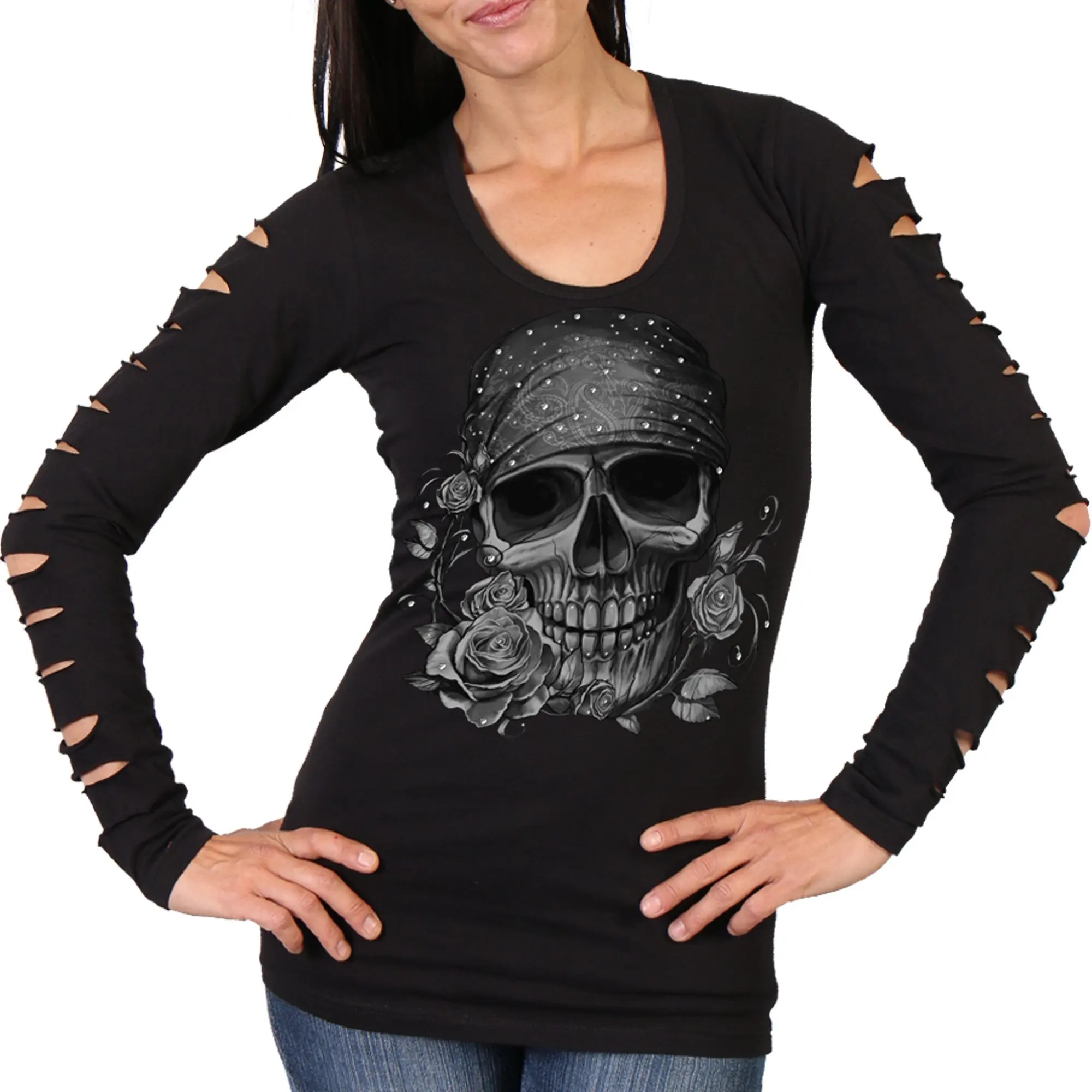 Buy Hot Leathers Bandana Skull Womens Long Slit Sleeve Biker T-Shirt (Black, X-Large) in Cheap ...