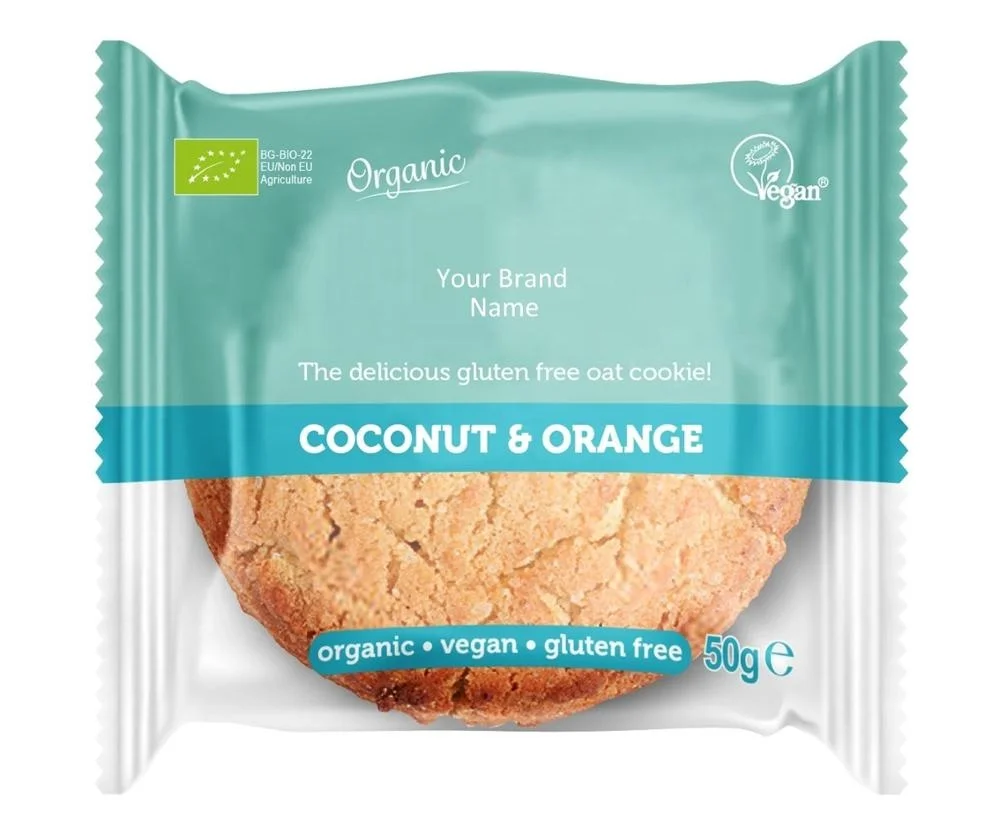 Vegan Organik Oat Cookie dengan Kelapa dan Orange Bebas Gluten | Private Label | Grosir | Grosir Dibuat Di Uni Eropa