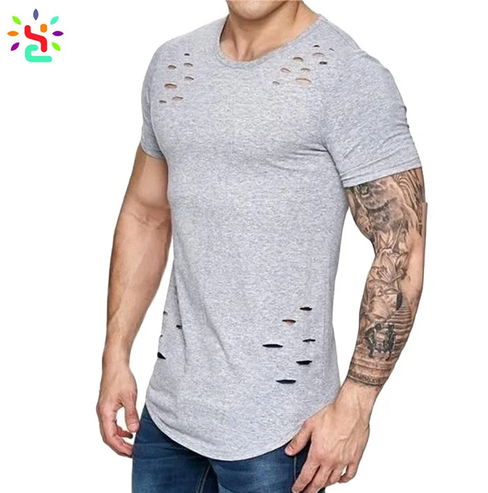 Wholesale Distressed T Shirt Scoop Neck T Shirt For Men Tees Hipster Baggy Hee Short Sleeve T