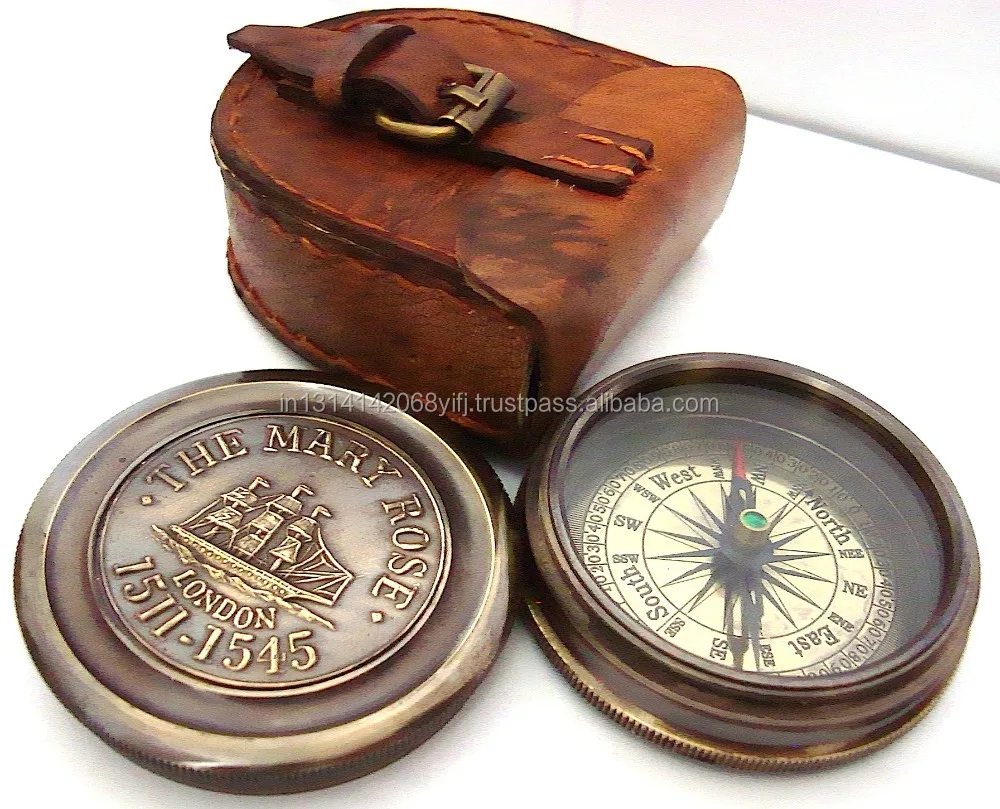 MARINE SOLID BRASS DESK COMPASS WITH REMOVABLE LID-COMES IN GENUINE LEATHER CASE