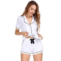 

High Quality 2019 Short Sleeve Pajamas Silk Set 2 Pcs Set Women Sleepwear Sexy White Color For Women Sleeepwar Short Pant