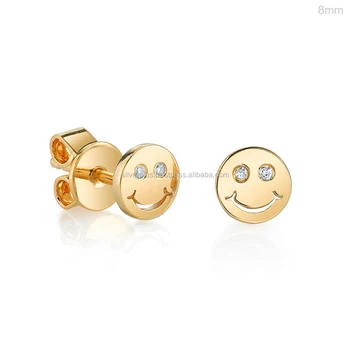 14k Yellow Gold Real Diamonds Hy Face Smiley Stud Earrings 14k Yellow Gold Real Diamonds Hy Face Smiley Stud Earrings