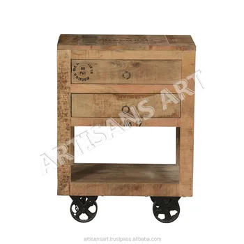 Vintage Industrial 2 Drawers Cabinet With Castors Natural Wood