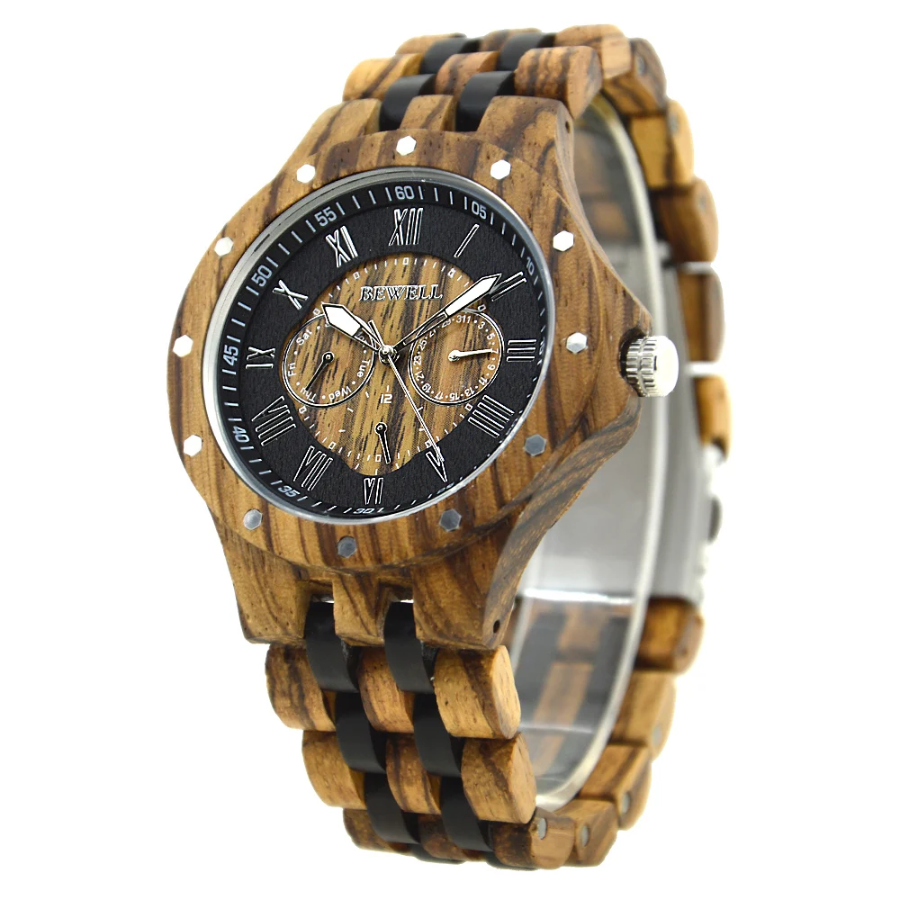 

Bewell New Product Japan Original Movt Chronograph Quartz Ebony Wood Watch with feature 3 ATM waterproof, Original wood color