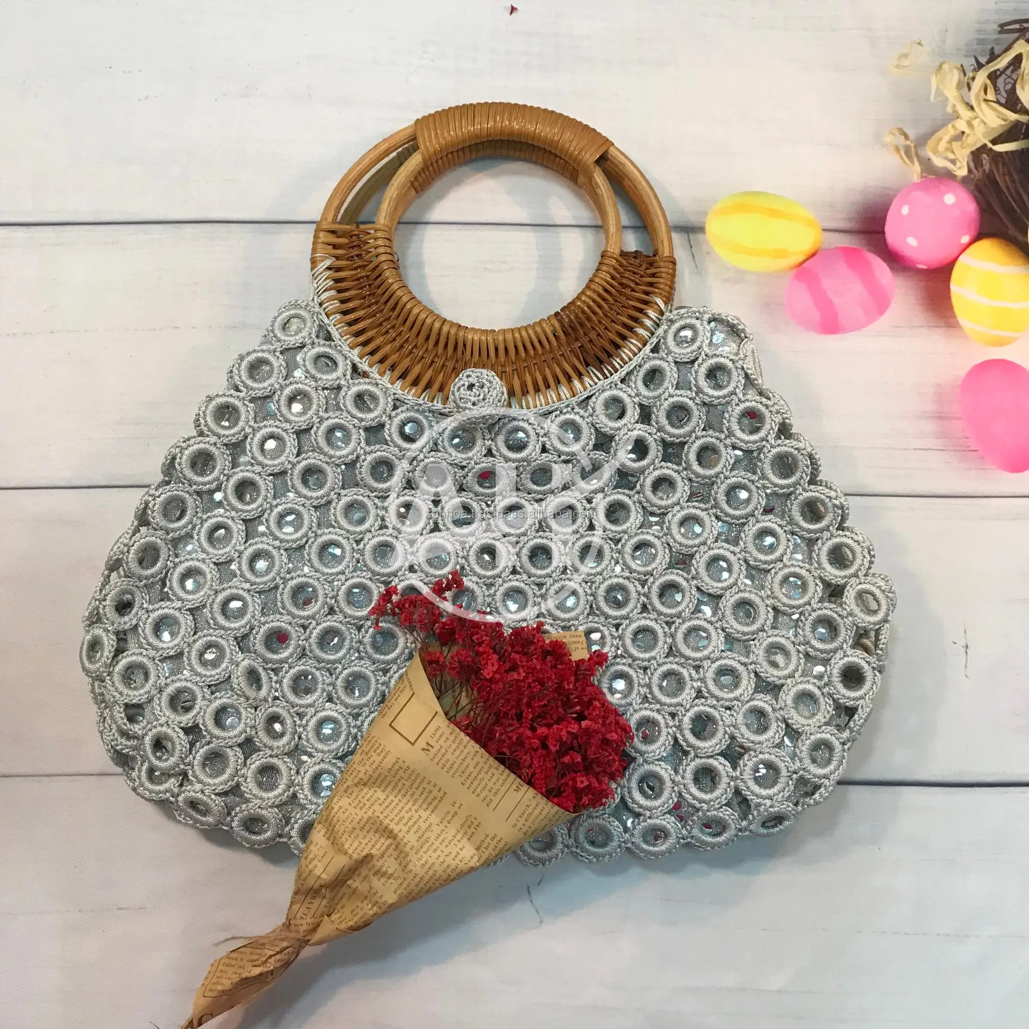 Summer Cotton Rope Crochet Bag With Ratten Ring Handle