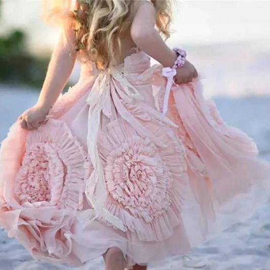 

ZH3847G Pink Flower Girls' Dresses For Wedding Lace Applique Ruffles Kids Formal Wear Sleeveless Long Beach Girl's Pageant Gown, Custom made