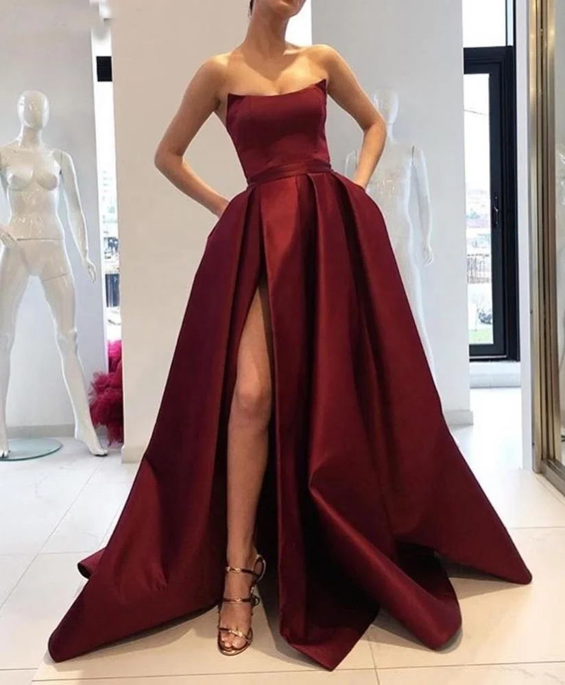 

2019 Burgundy Prom Dress Side Slit Strapless Satin Long Evening Party Gowns Women Formal Dress, Custom made