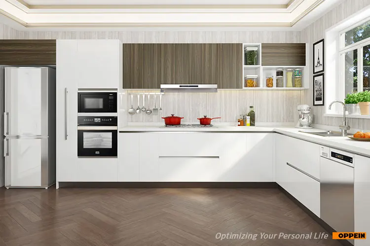 Oppein White Color Combination Design U Shaped Mdf Kitchen