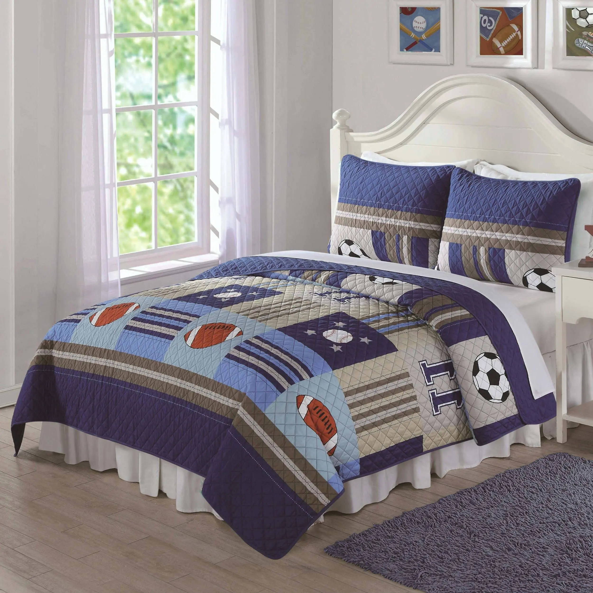 Boys Twin Full Bed Blue Soccer Basketball Football Sports Star 3pc Comforter Set
