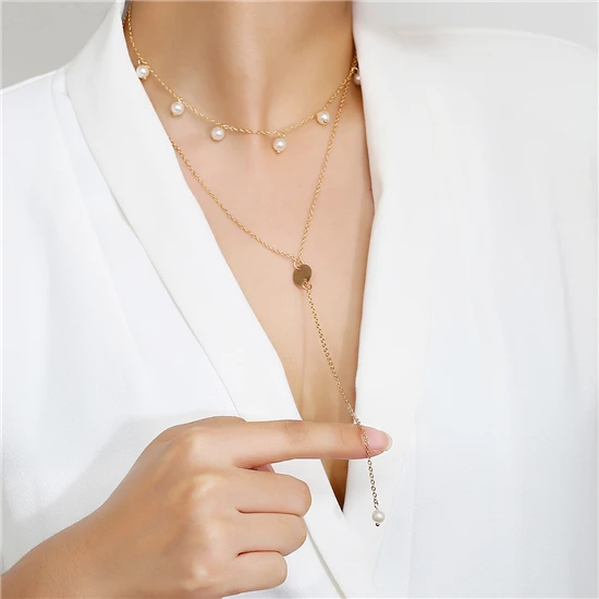 

Fashionable European-style Simple Business Necklace Pearl Pendant Fringe Sequins Multi-layer Necklace