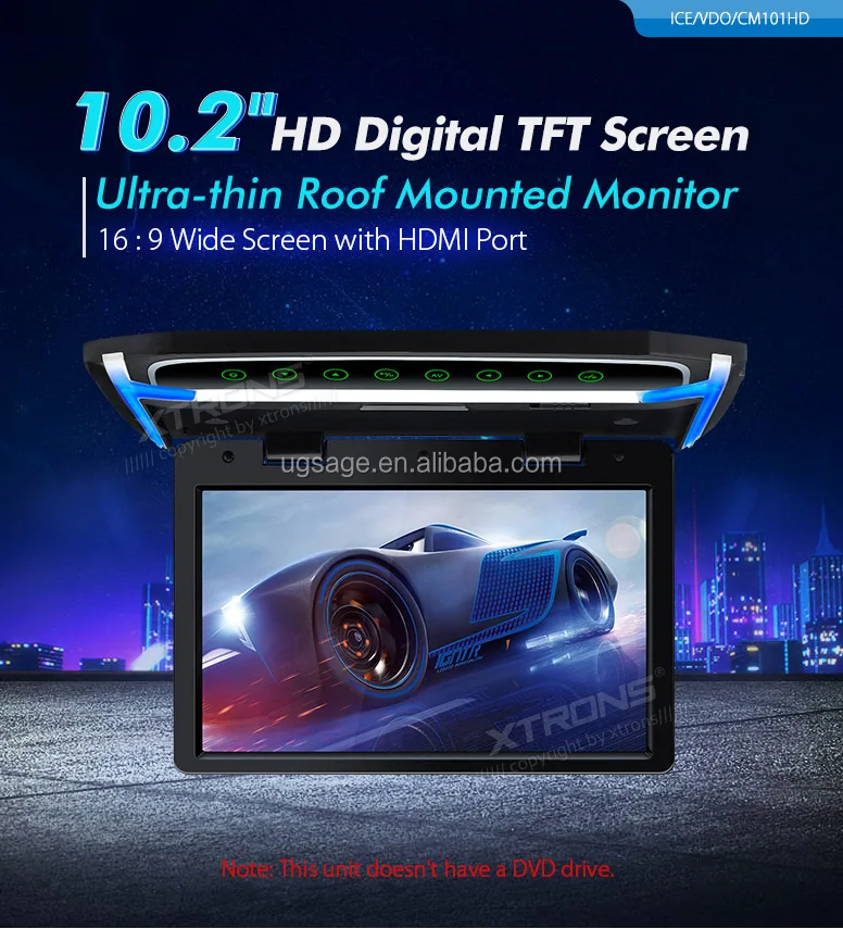 Xtrons 1024*600 Ultrathin Roof Mount Car Tv Support 1080p,10 Inch Tft