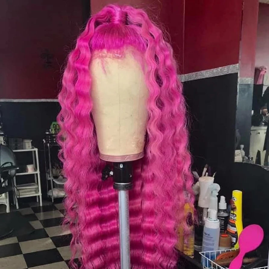 

Wholesale human color wig pure rose red lace front wigs deep wave customized with high quality cheap price Oceanwigs