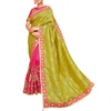 Lime Green- Pink color Designer Traditional Wear Saree with Thread, Zari and Cord Heavy Embroidery work