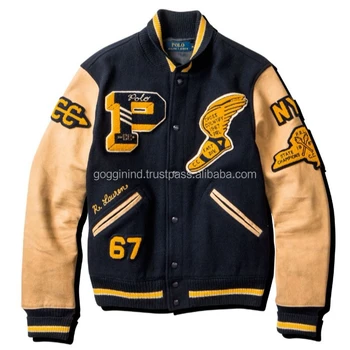 Wool Blend Letterman Varsity Jacket With Rib Collar Faux Leather Sleeve