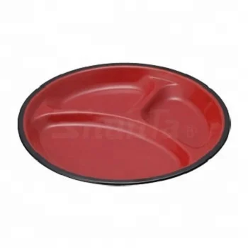 

Hot selling wholesale A5 melamine black red round plate restaurant divided dinner plates, Customized
