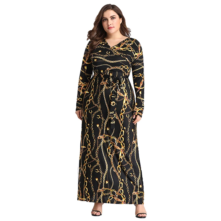

Vintage Sundresses Plus Size Ladies Dresses Gold Wire Printing V-neck Casual Short Sleeve Belt Large Size Maxi Dress, Black