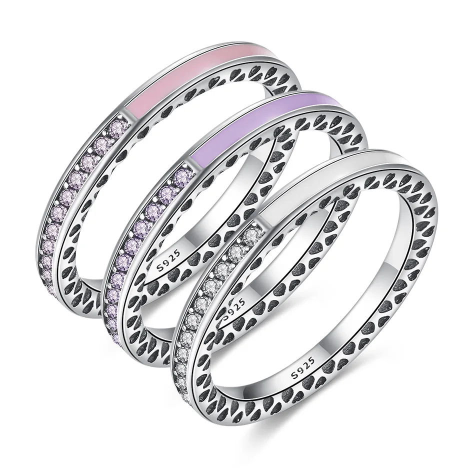 

3 Colors Fashion 925 Sterling Silver Pink&White&Purple Enamel Rings CZ Finger Ring for Women Wedding Engagement Bridal Jewelry