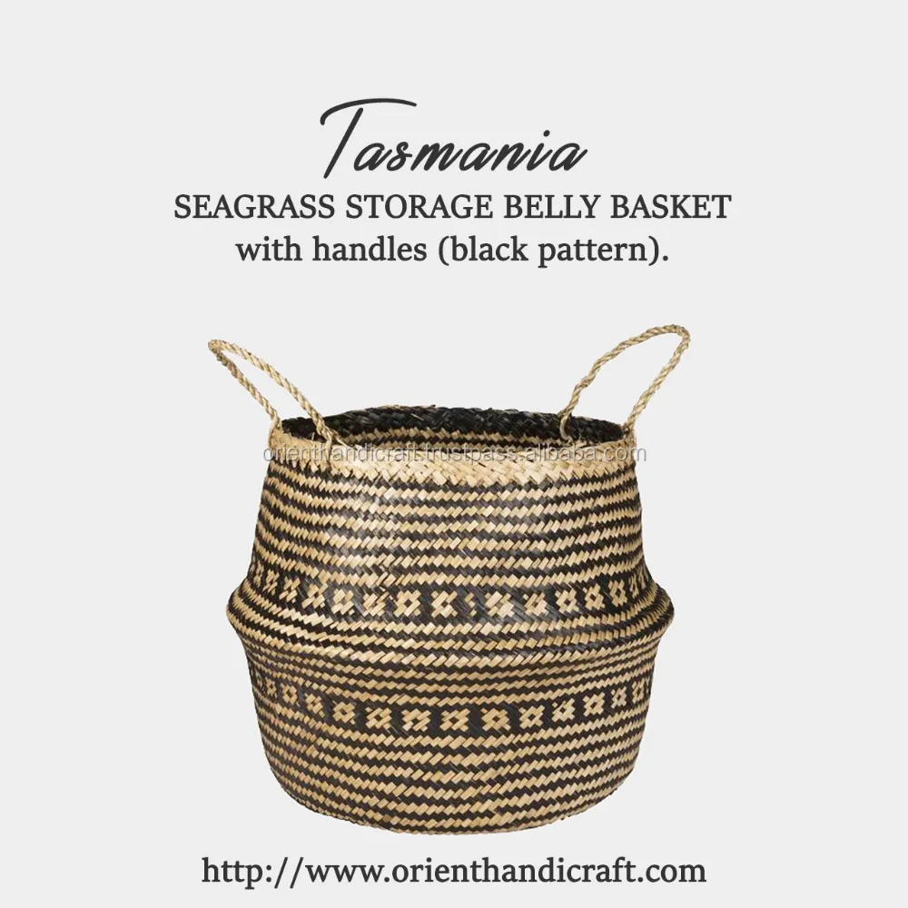 
TASMANIA Seagrass Storage Belly Basket with handles (Black Pattern) 