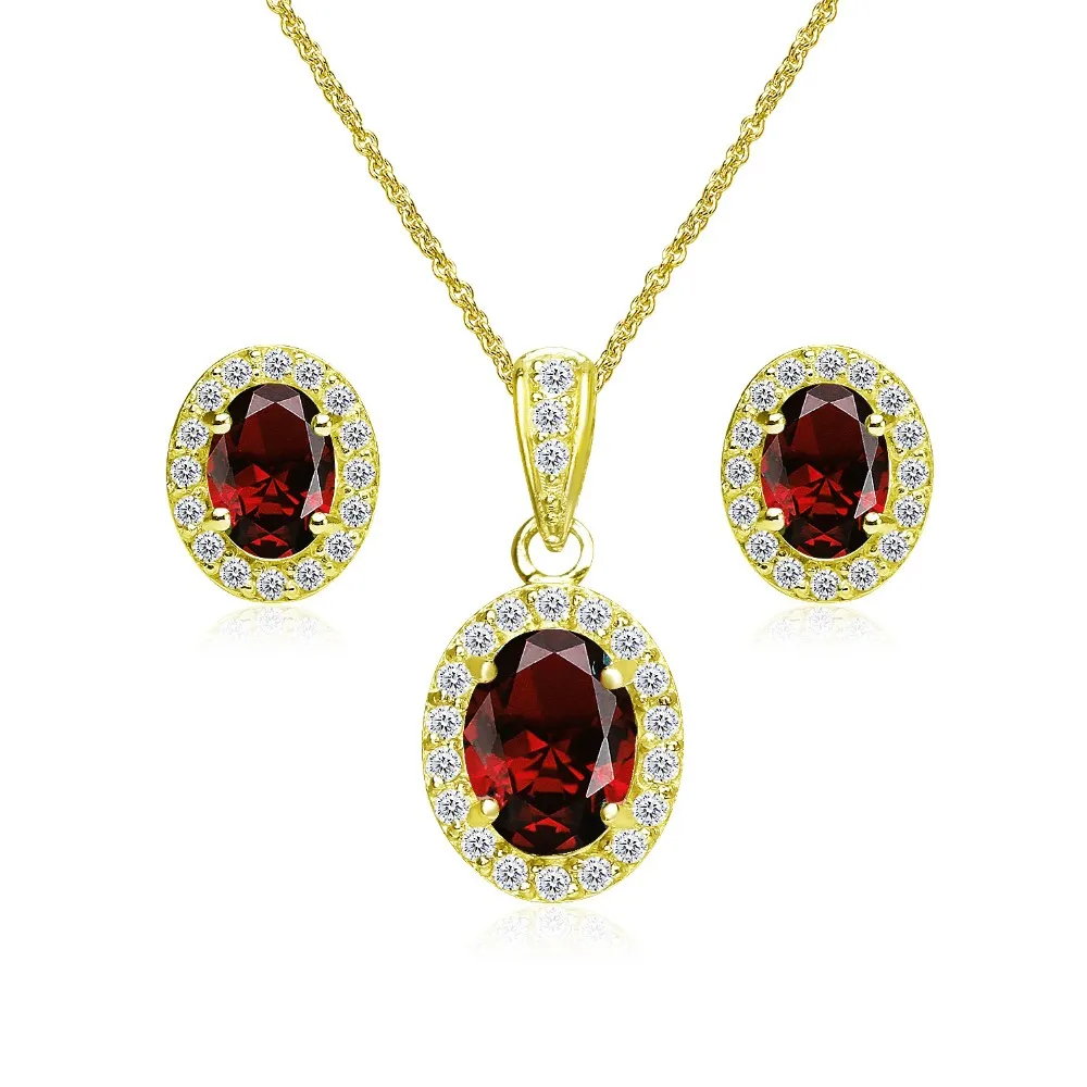 Yellow Gold Flashed Sterling Silver Garnet & Cz Oval Halo Necklace ...