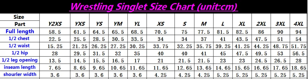 Size Chart For Wrestling Singlets