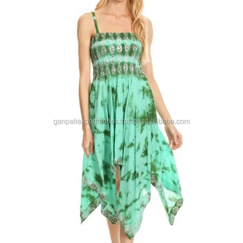 New Tie Dye Smocked Bodice Hi Low Handkerchief Hem Green Dress
