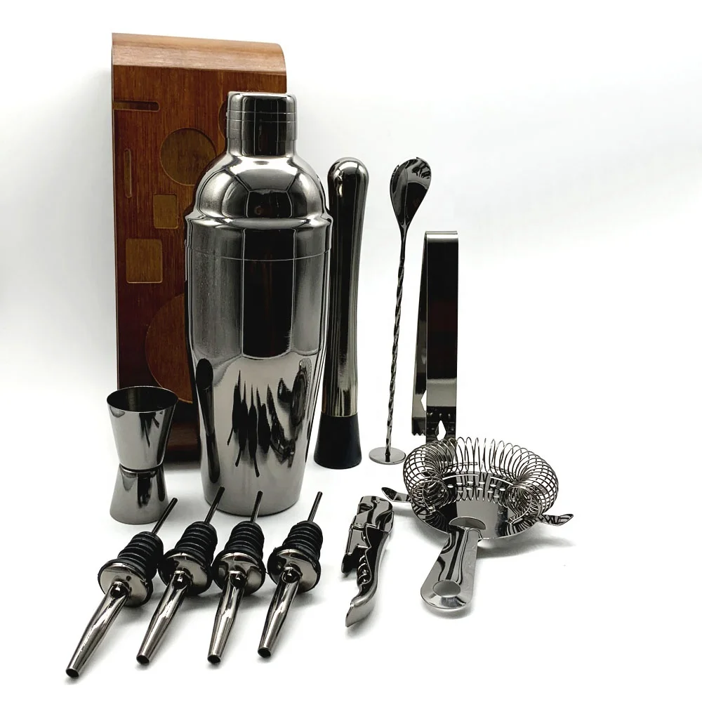 
High Quality Unique Custom Logo Perfect Home Bar Gun Metal Shine Matt Black color plated Stainless Steel Cocktail Shaker set 