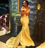 ZH0245X African Black Girls Yellow Mermaid Prom Dress Lace Applique Off Shoulder Beads Sequined Dresses Evening Wear abaya robe