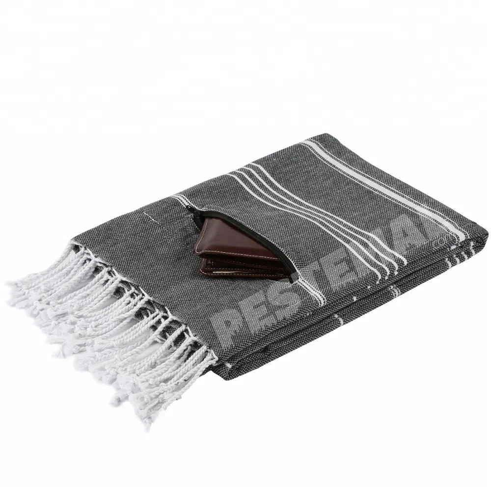 
Multiple Use High-Quality Pestemal Beach Bath Towel with Rare Design and Zipper Pocket for Private Items on Poolside %100 Cotton 