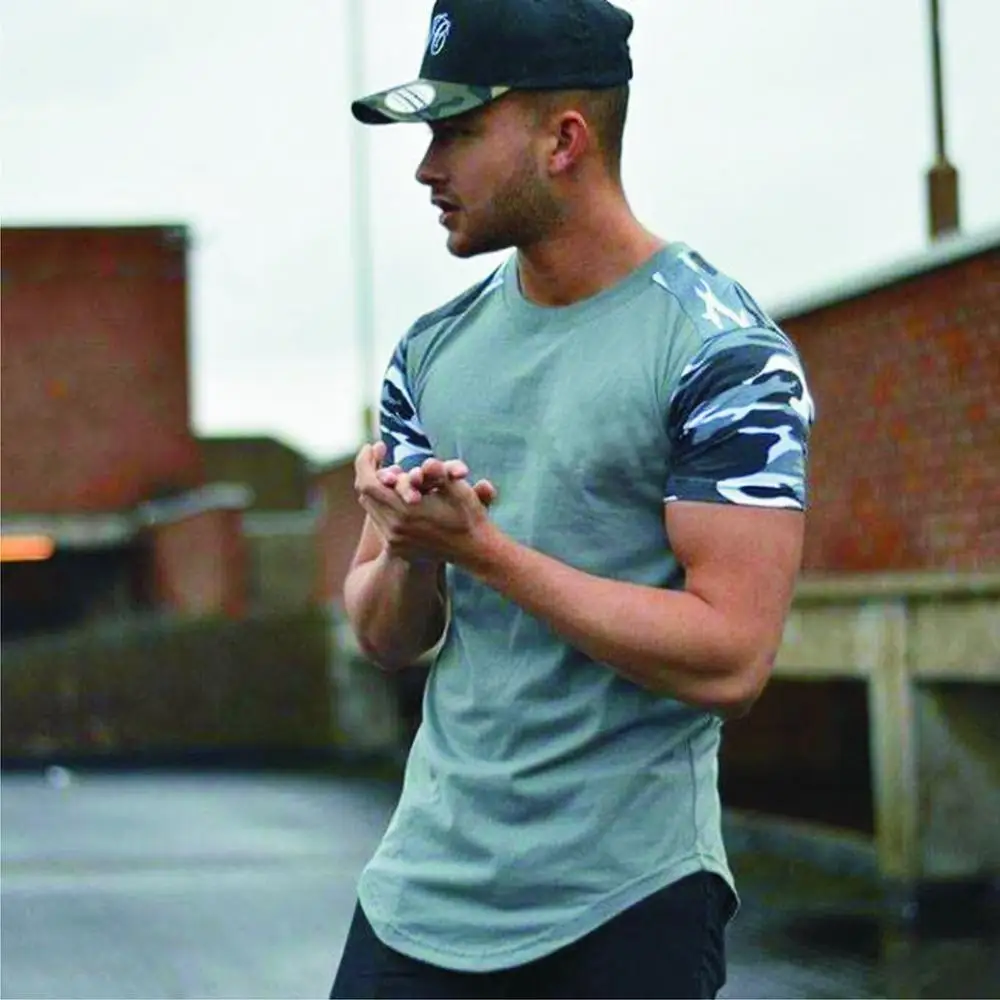 Men Fit Body Two Tone T Shirt Men Gym Camo Sleeve T Shirt Im 3320