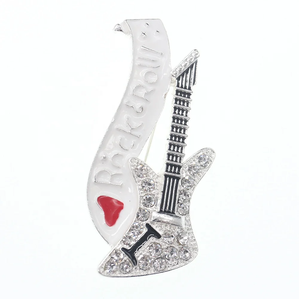 

Zinc Alloy Crystal Rock &Roll Guitar Shape Brooch Pin Musical Instrument Lapel Pin, Silver/gold, can custom