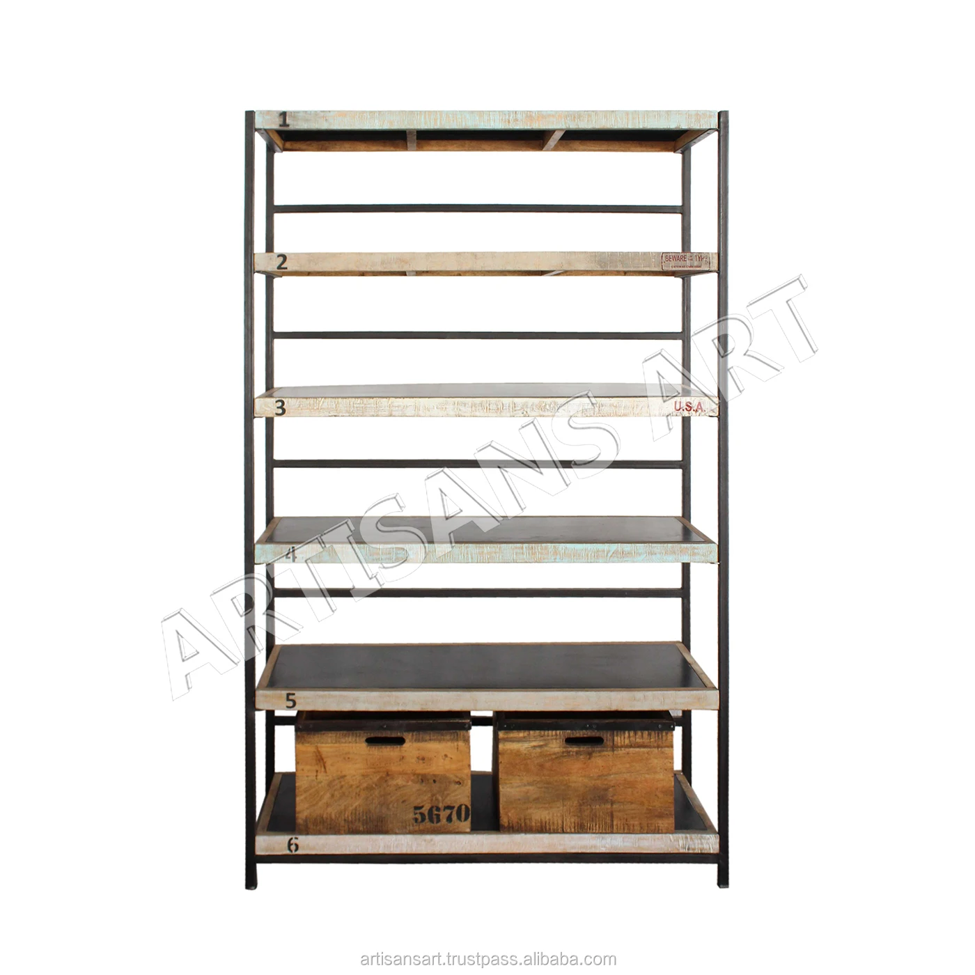 Rustic Metal Wood Antique Vintage Industrial Book Shelf With Storage