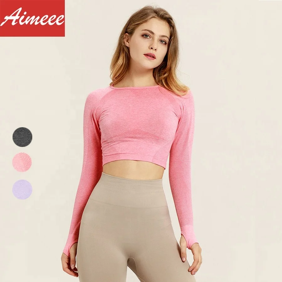 

Long Sleeves Breathable Seamless Crop Top Yoga Gym Shirt, Black;blue;dark blue;dark gray;gray;pink;red