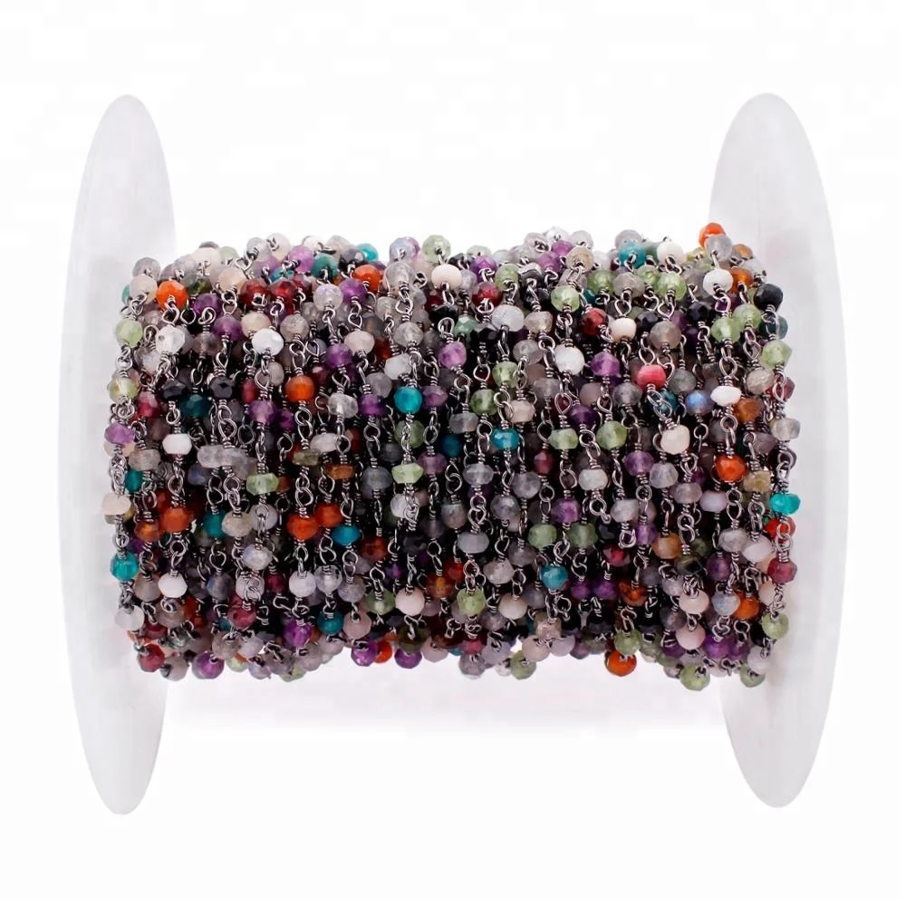 One Feet Multi Semi Precious Black Plated Wire Wrapped Link Rosary Beads Chain For Jewelry Making Supply