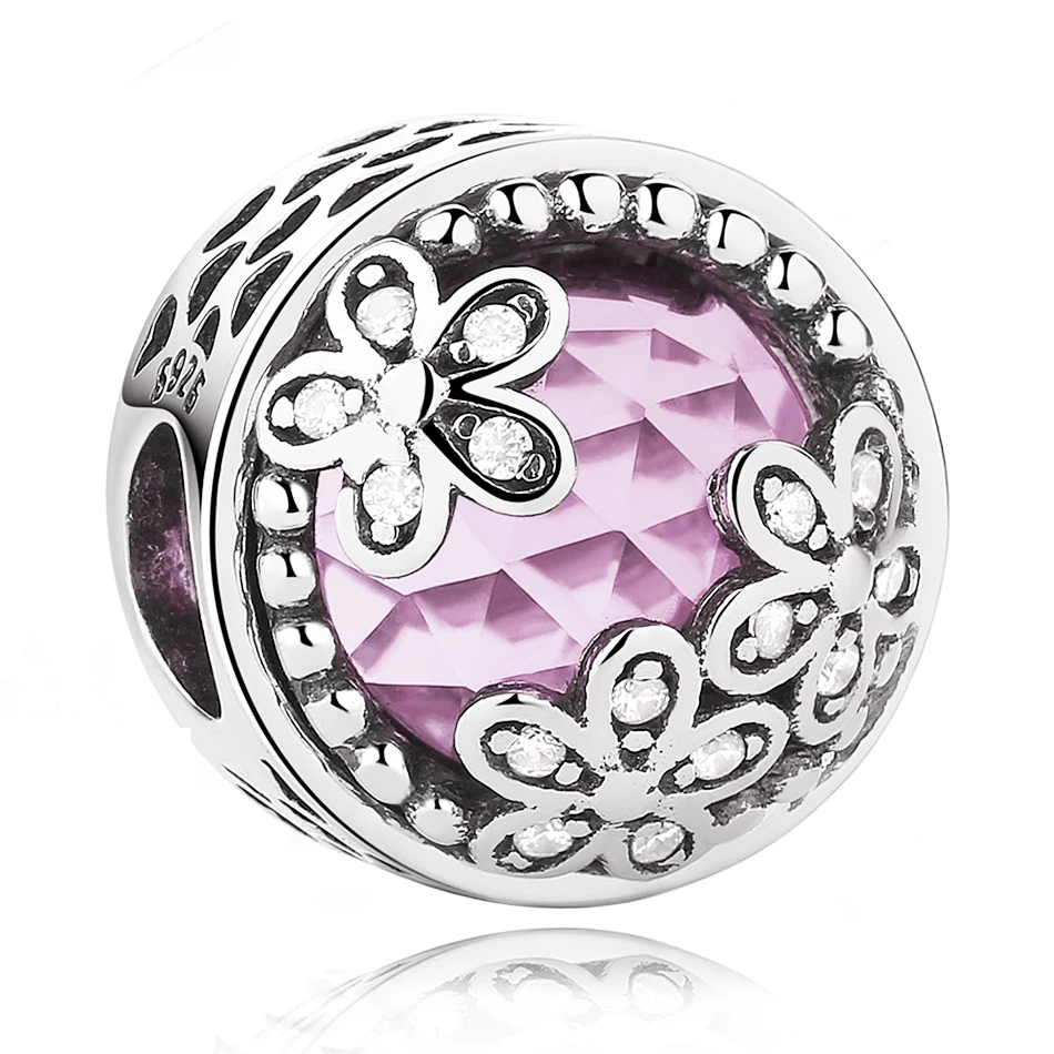 

Real 925 Sterling Silver Charm Hollow Three Daisy flowers Pink CZ beads Fit Original Charm Bracelet Fashion Jewelry Making