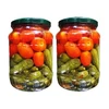 Assortment of pickled gherkin cucumber and cherry tomato in glass jar 720ml, 1500ml