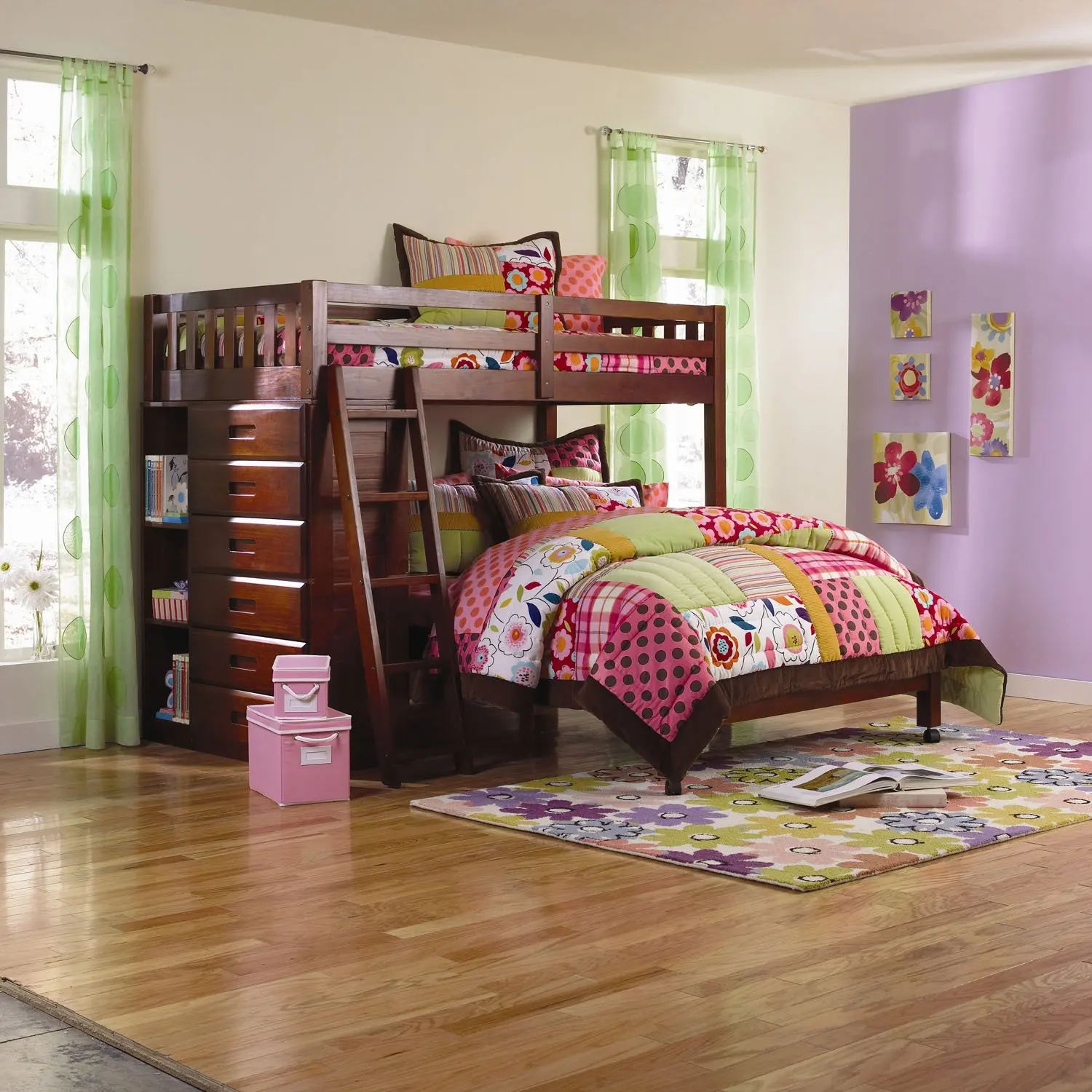 Cambridge 98907-TFLFT-DC Chandler L-Shaped Bunk Bed with Bookshelves and Storage Children's Headboards, Twin Over Full, Red