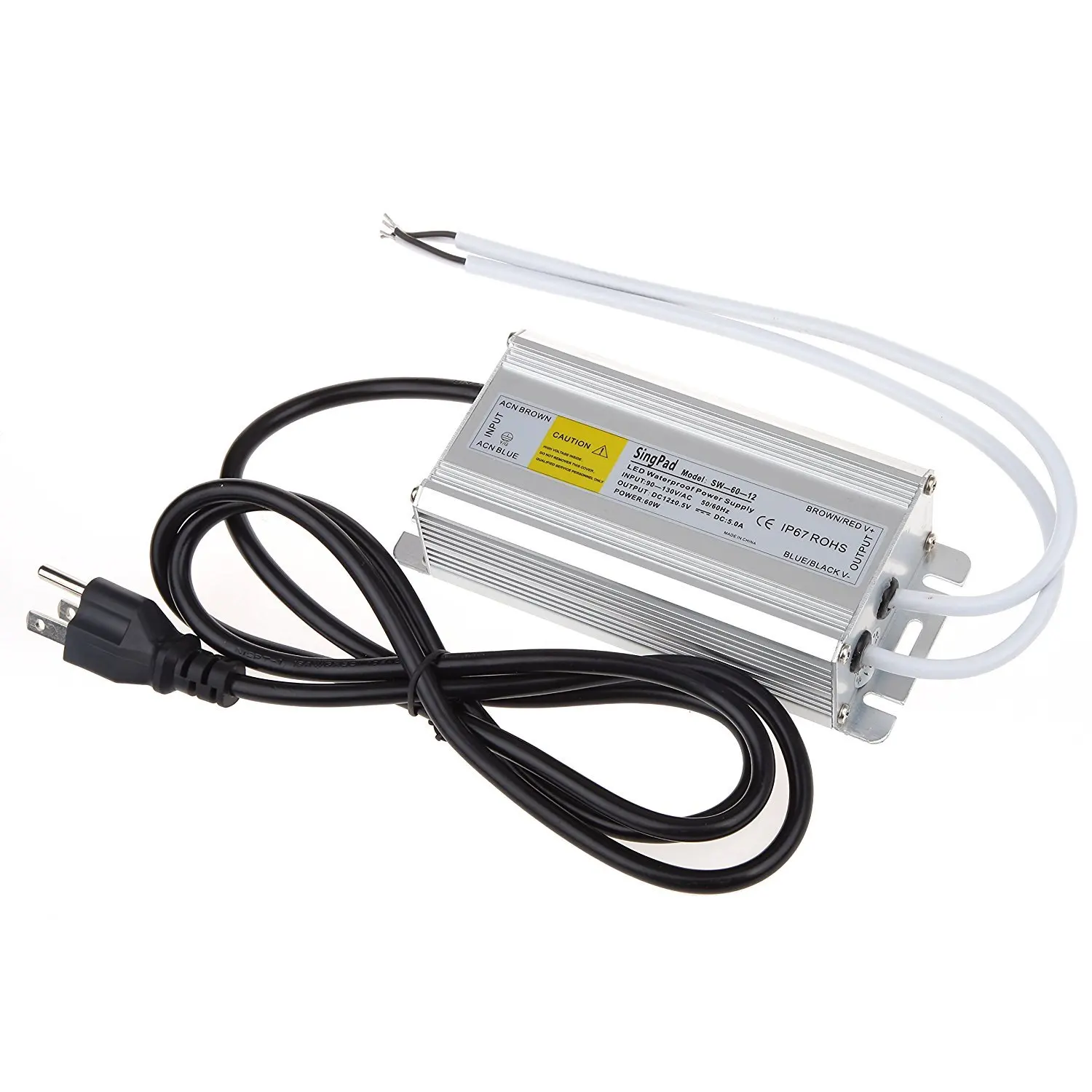 SingPad Waterproof LED Driver Transformer 60 Watt 12V Power Supply Double Output with 3-prong Plug,