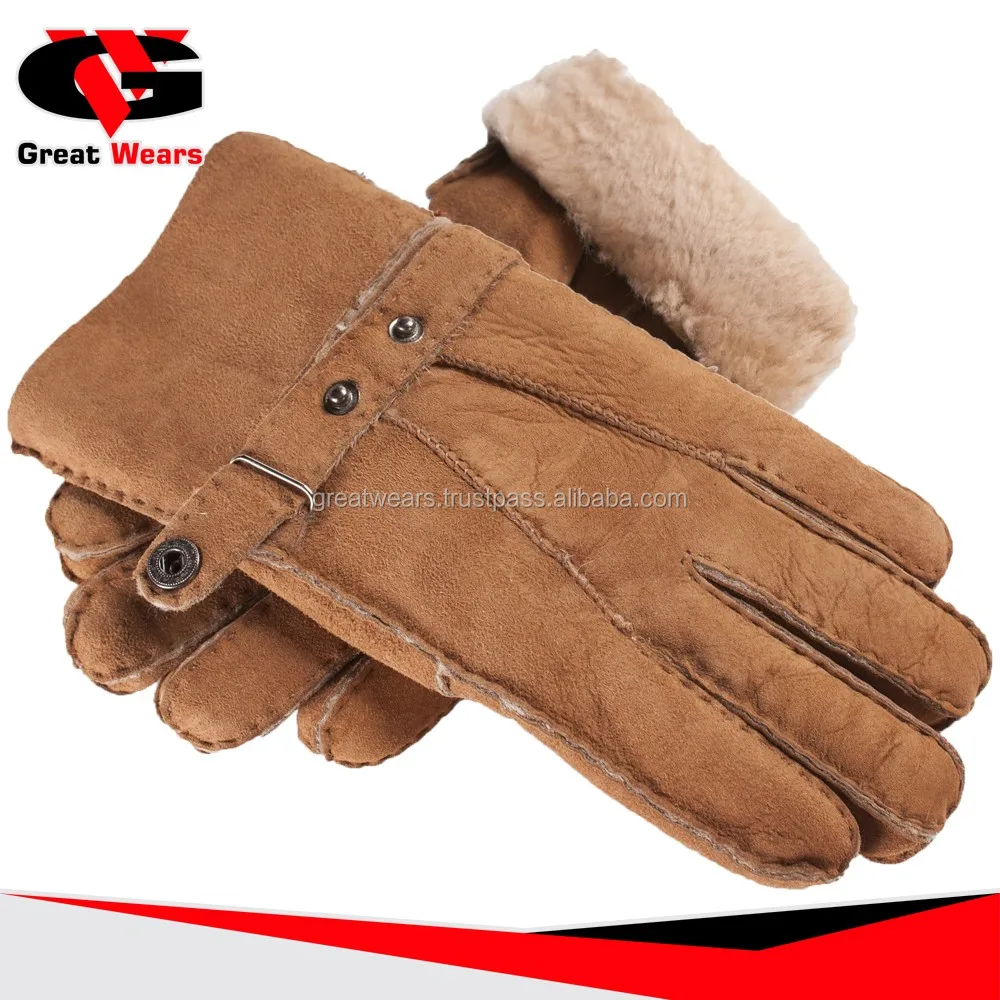 Fleece Lining Warm Fashion Sheep Skin Suede Leather Gloves With Fur