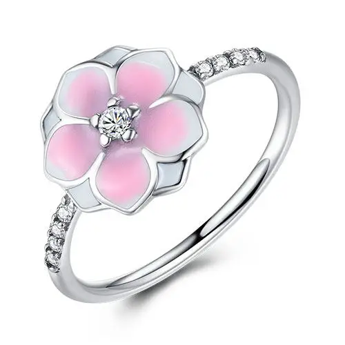 

Real 925 Sterling Silver Rings Flower Magnolia Cubic Zirconia Gradient Pink Enamel Cocktail Ring Fine Jewelry Gifts