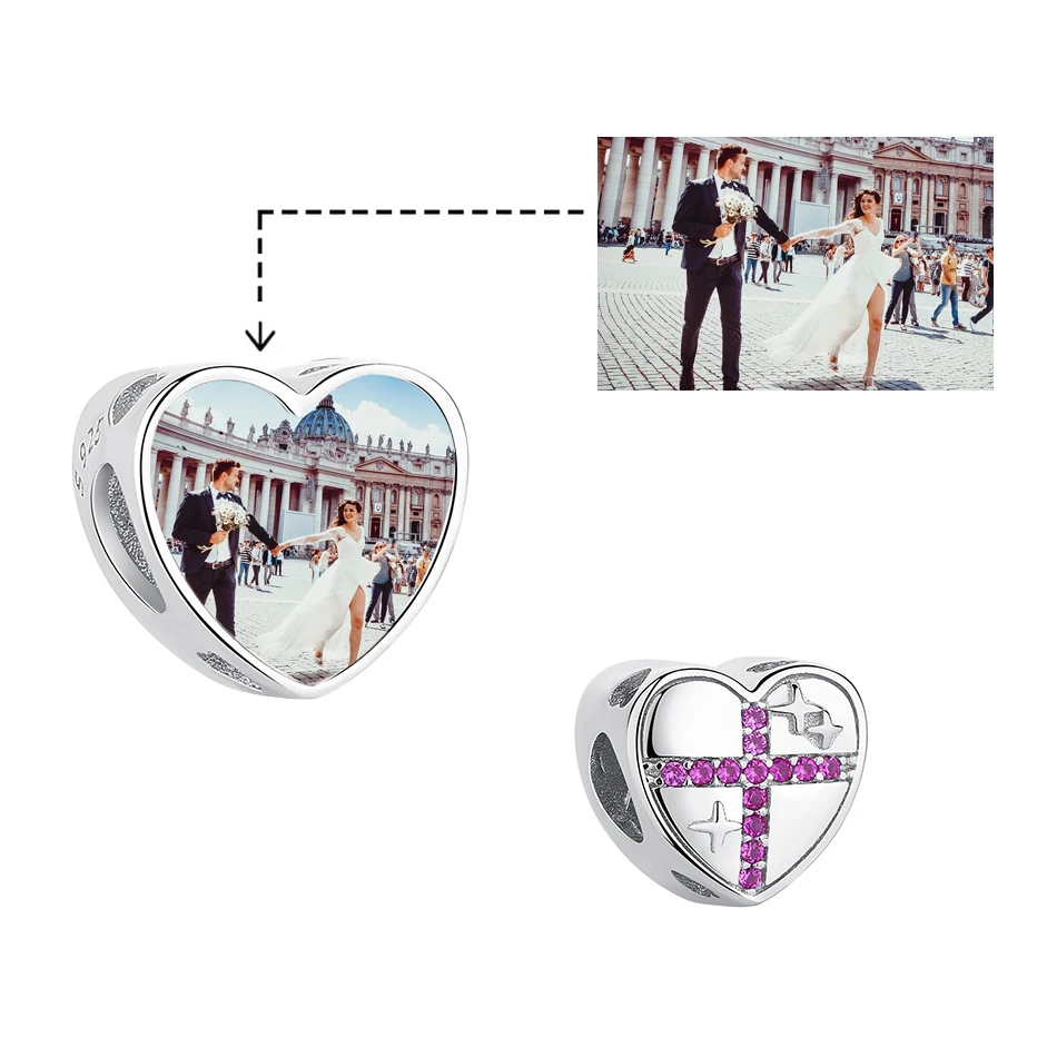 

925 Sterling Silver Charm Customized Picture Charm With Cross Purple CZ Hearts Bead For Women Bracelet Jewelry Making