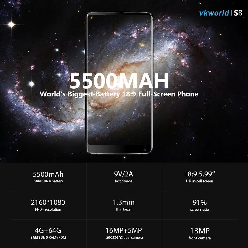 Factory price 5G VKworld S8 5.99" 18:9 FHD SmartPhone, Dual Back Cameras, 5500mAh Battery, Android 7.0 mobile cell phone