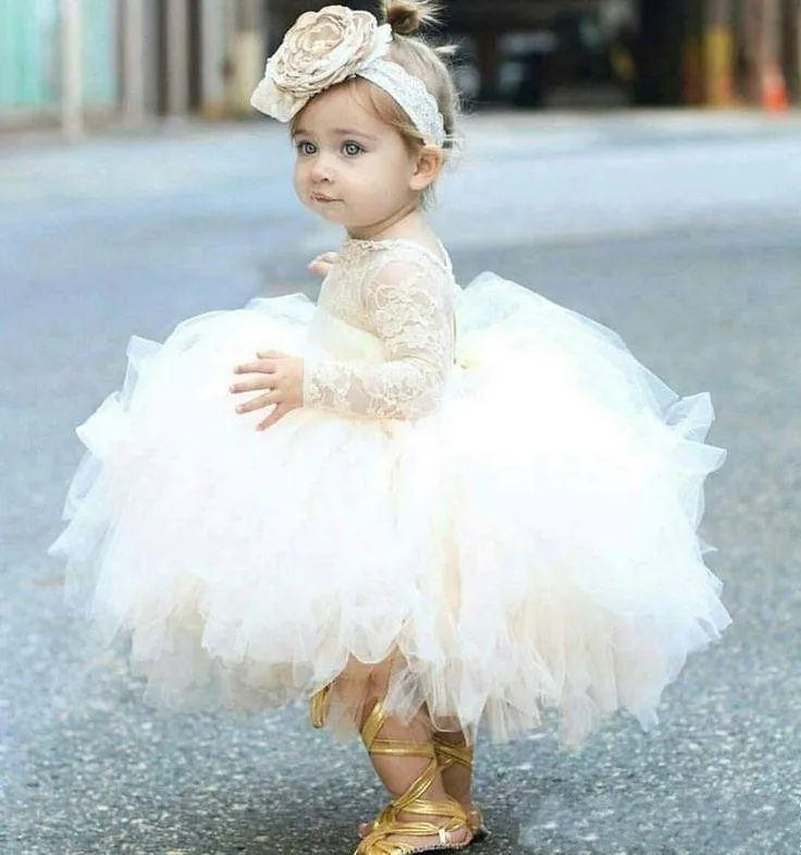 

ZH1270X 2019 Vintage Lovely Baby Infant Toddler Baptism Clothes Flower Girl Dresses With Long Sleeves Lace Tutu Ball Gowns, Ivory/custom made