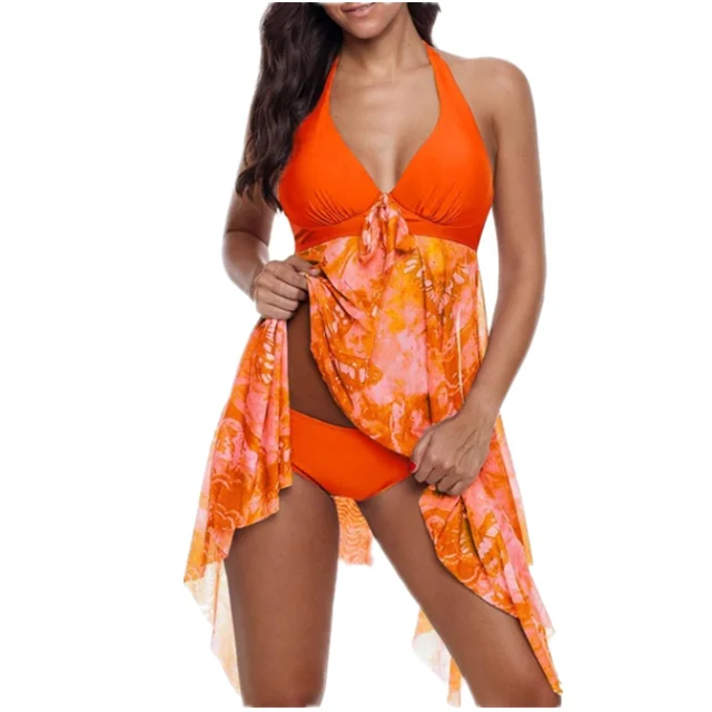 

4 Color Women's Fashion Sexy Print Bikini Two Piece Halter Swimdress Padded Beachwear Swimsuit Push Up Bikini Plus Size, Picture