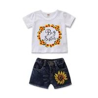 

Baby girls cotton print t-shirt sunflower denim shorts outfits summer sister clothing set